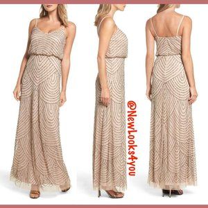 NEW Adrianna Papell Art Deco Beaded Blouson Gown in Taupe Pink [SZ 10‎ 12 14 ]